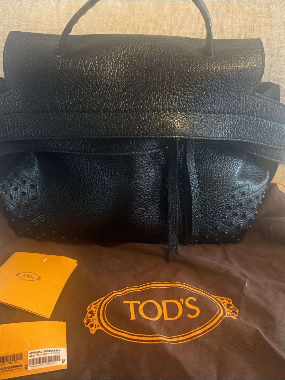 Tod's Black Pebbled Leather Top-Handle Satchel with strap